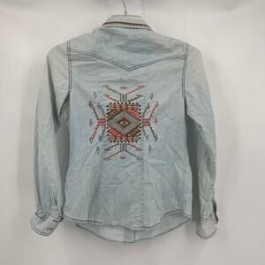 Allen B Womens Top Size S Embroidered Western Aztec Chambray Boho Festival‎